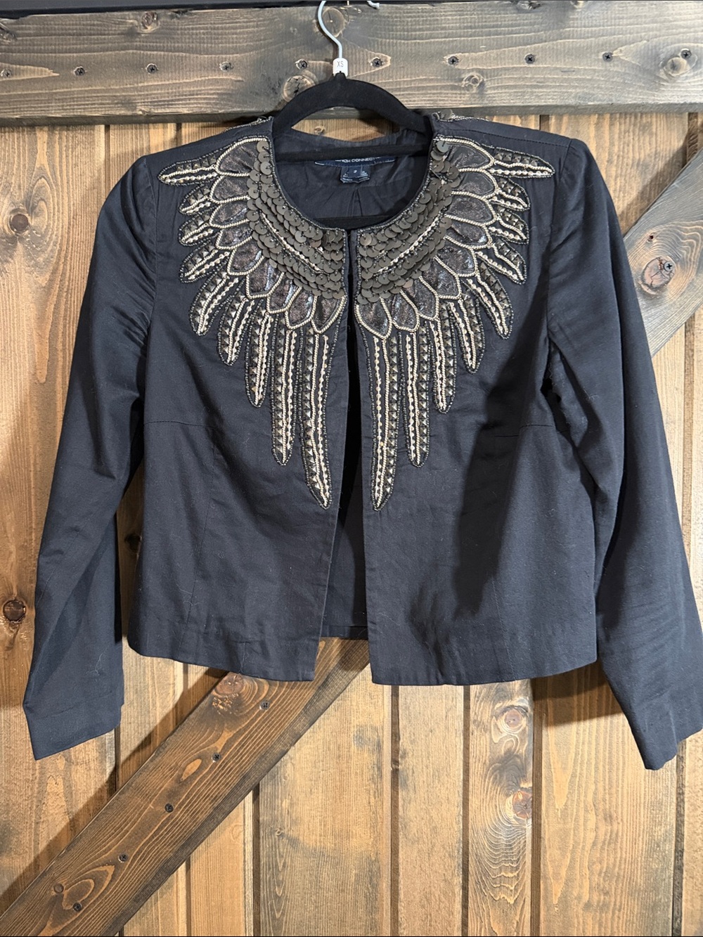 French Connection Black Cropped Jacket with Metallic Embellished Collar